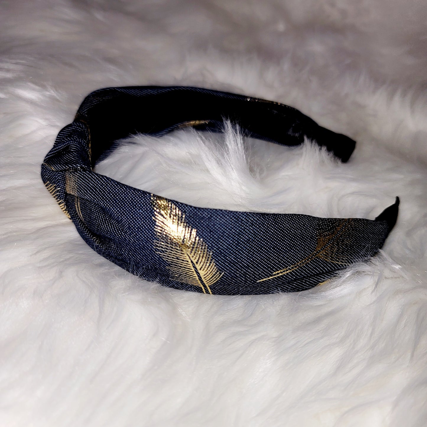 Denim Gold Foil Feather Headband (Navy Blue)
