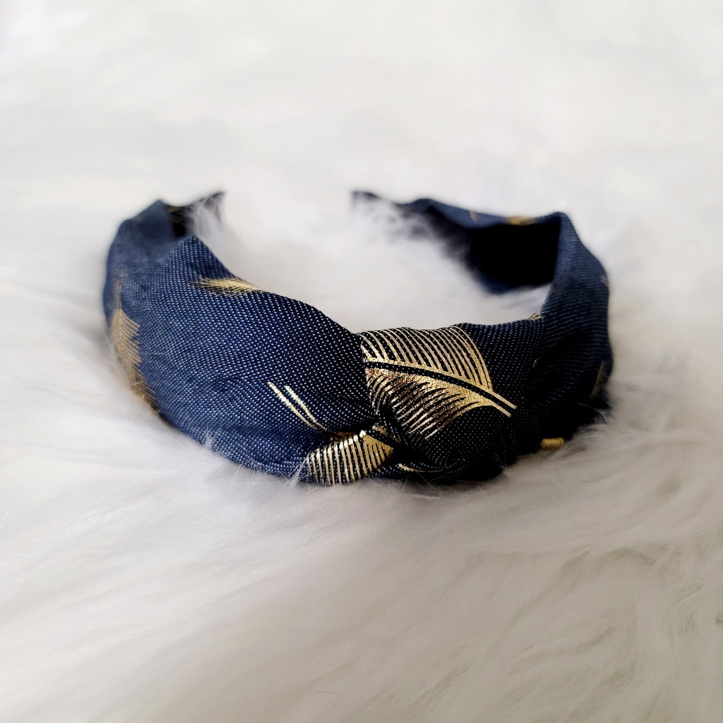 Denim Gold Foil Feather Headband (Navy Blue)