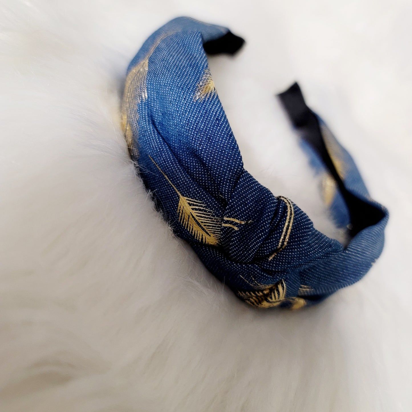 Denim Gold Foil Feather Headband (Light Blue)