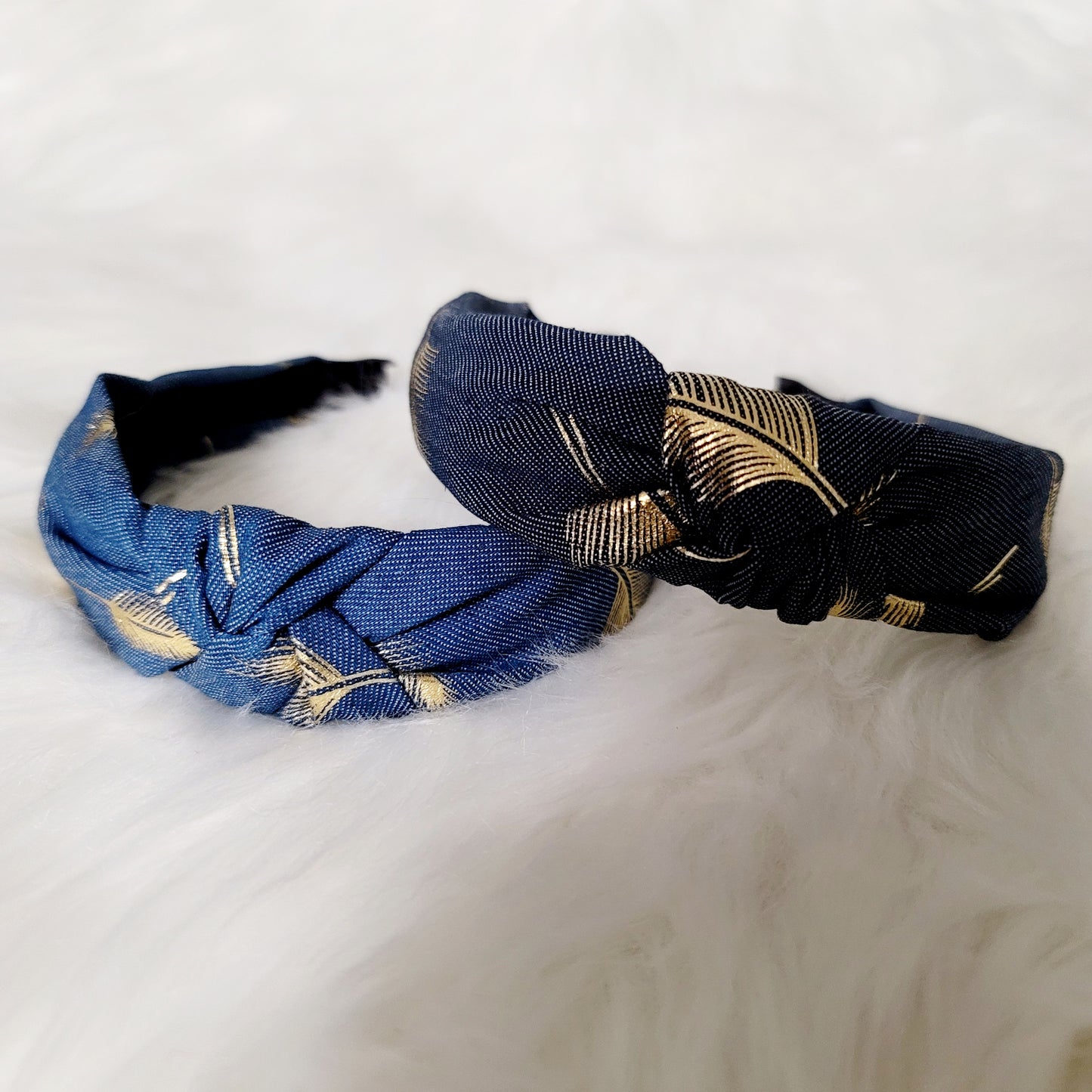 Denim Gold Foil Feather Headband (Light Blue)