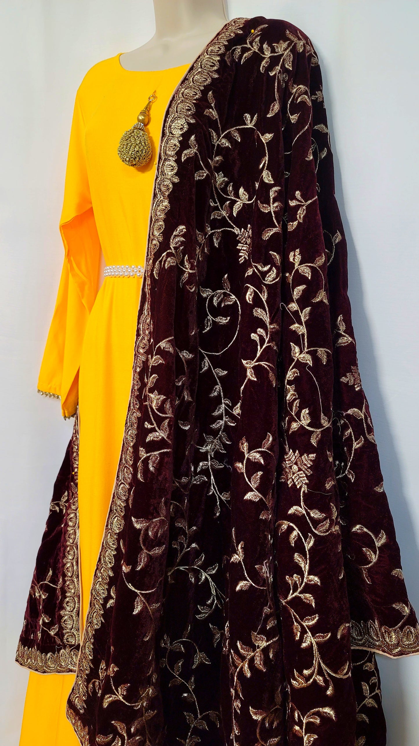 Velvet Embroidered Shawl Maroon/Leaves