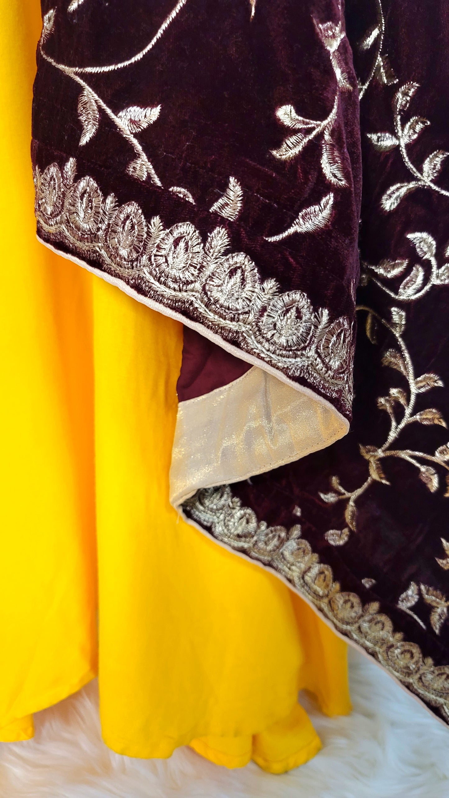 Velvet Embroidered Shawl Maroon/Leaves