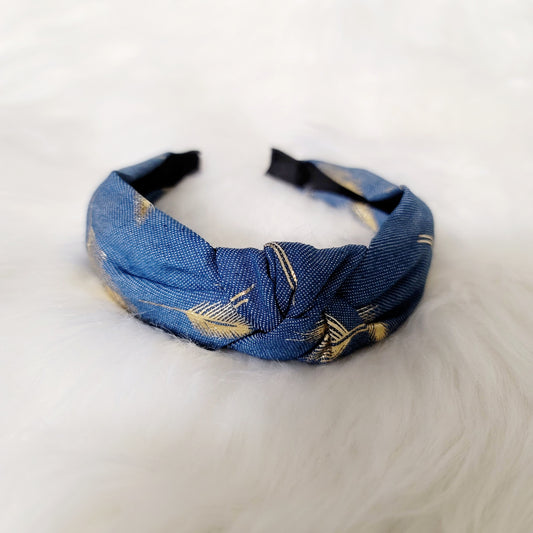 Denim Gold Foil Feather Headband (Light Blue)