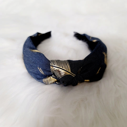 Denim Gold Foil Feather Headband (Navy Blue)