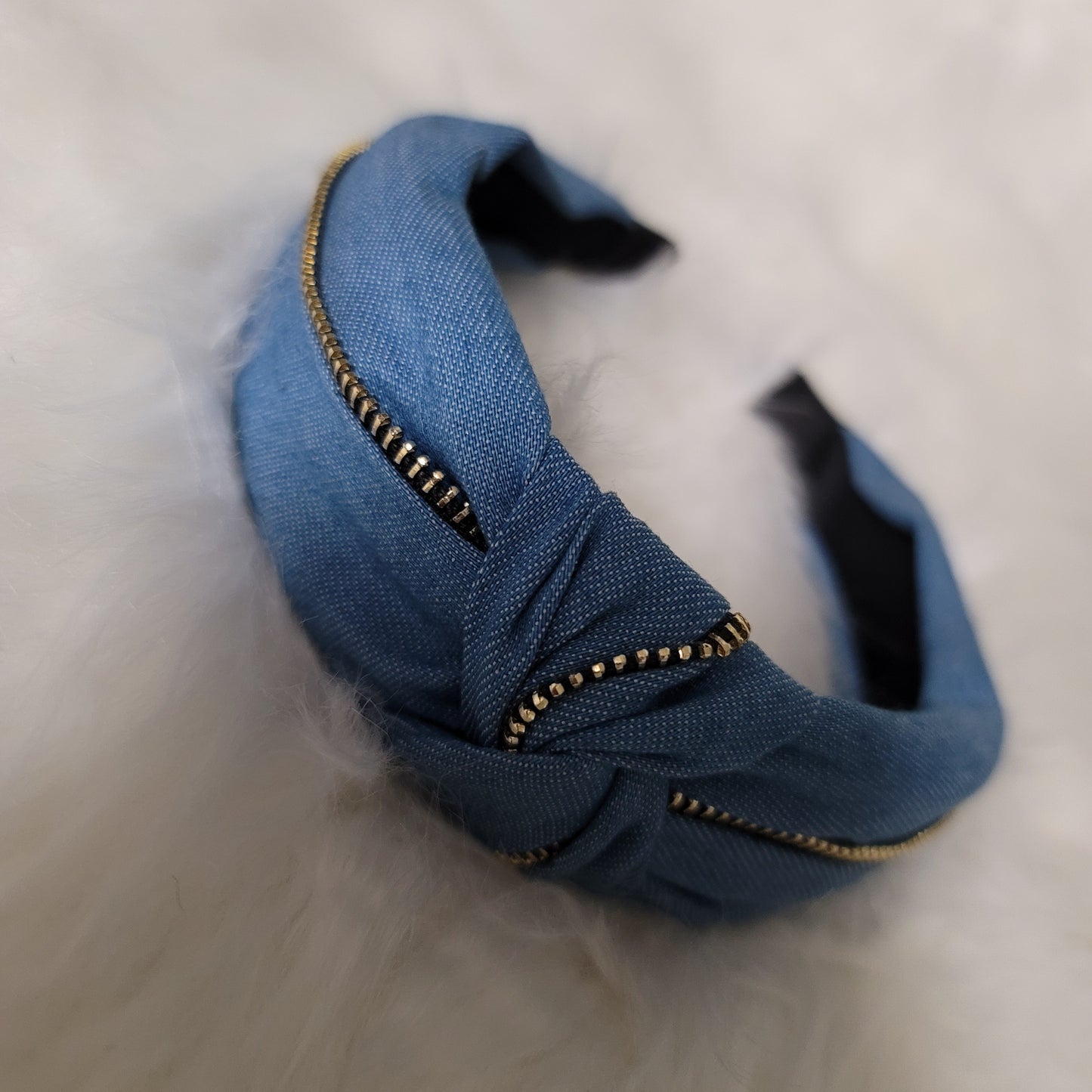 Denim Light Blue Bowknot Zip Detail Headband