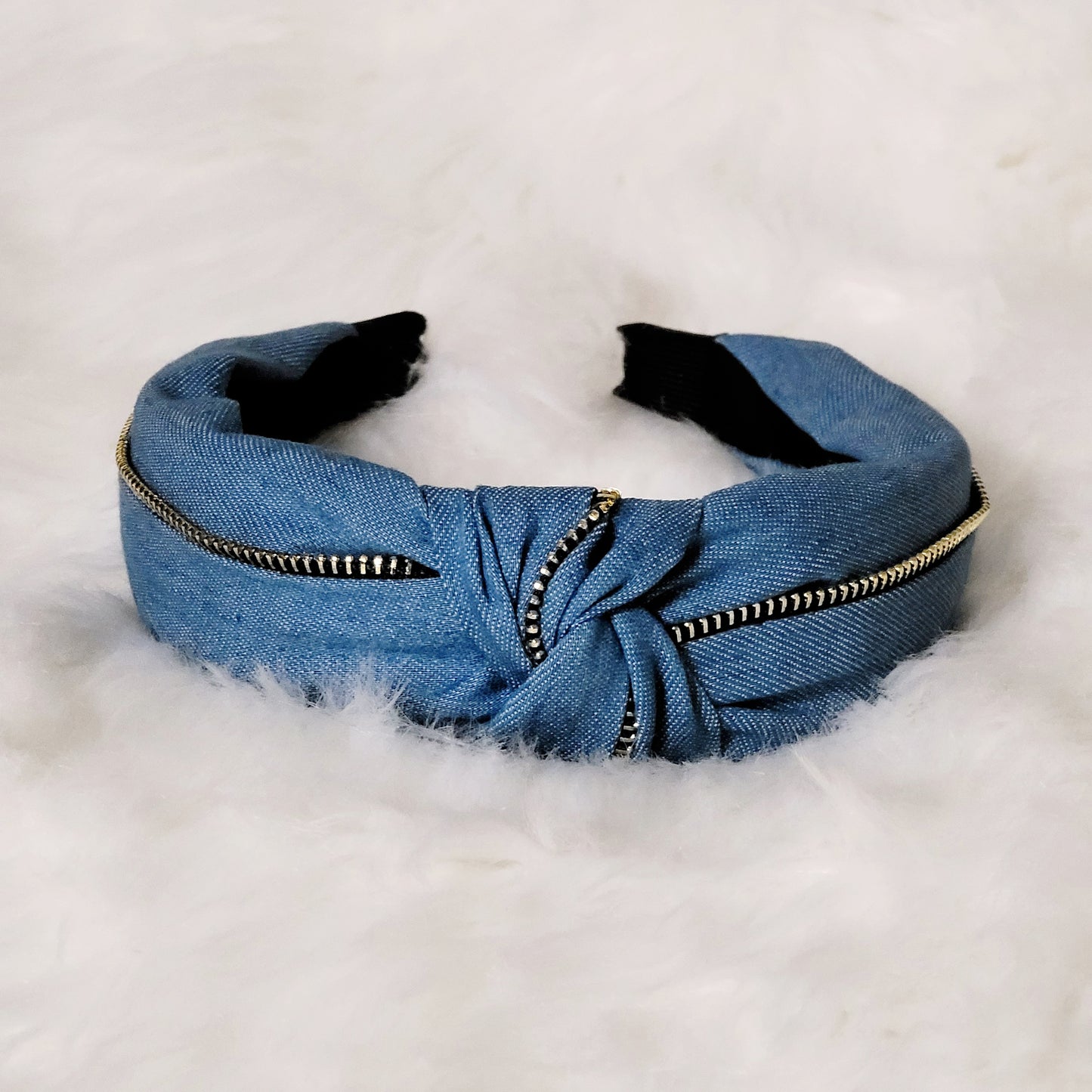 Denim Light Blue Bowknot Zip Detail Headband