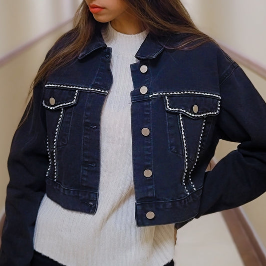 Diamond Embellished Statement Black Denim Jacket