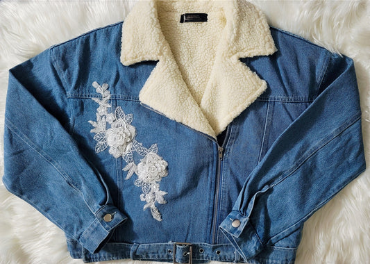 3D White Rose Embroidered Sherpa-Lined Belted Denim Jacket