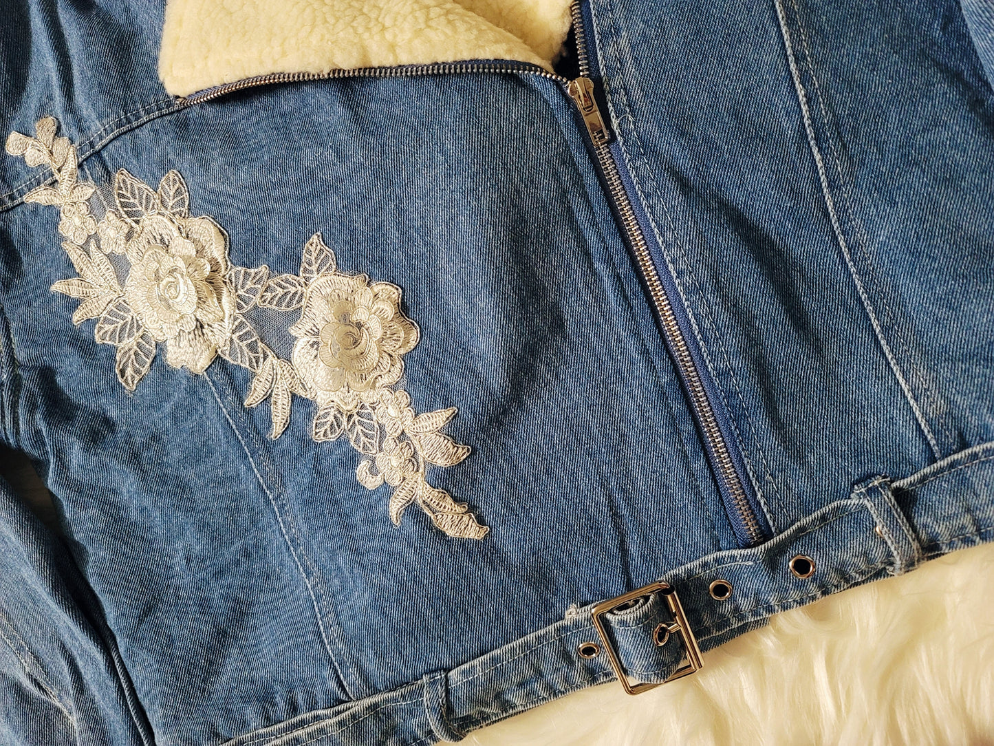 3D White Rose Embroidered Sherpa-Lined Belted Denim Jacket