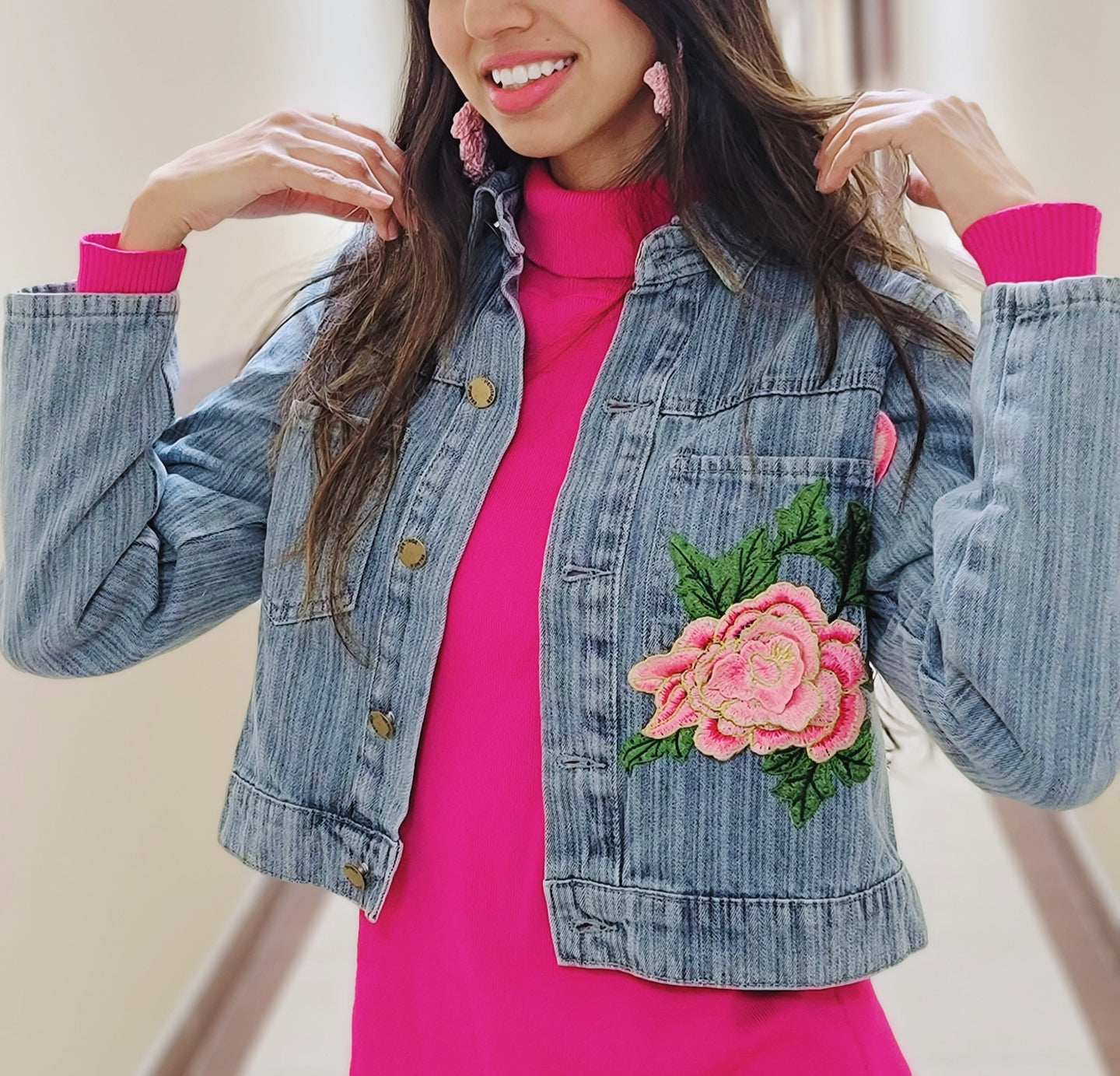 3D Rose Embroidered Denim Jacket