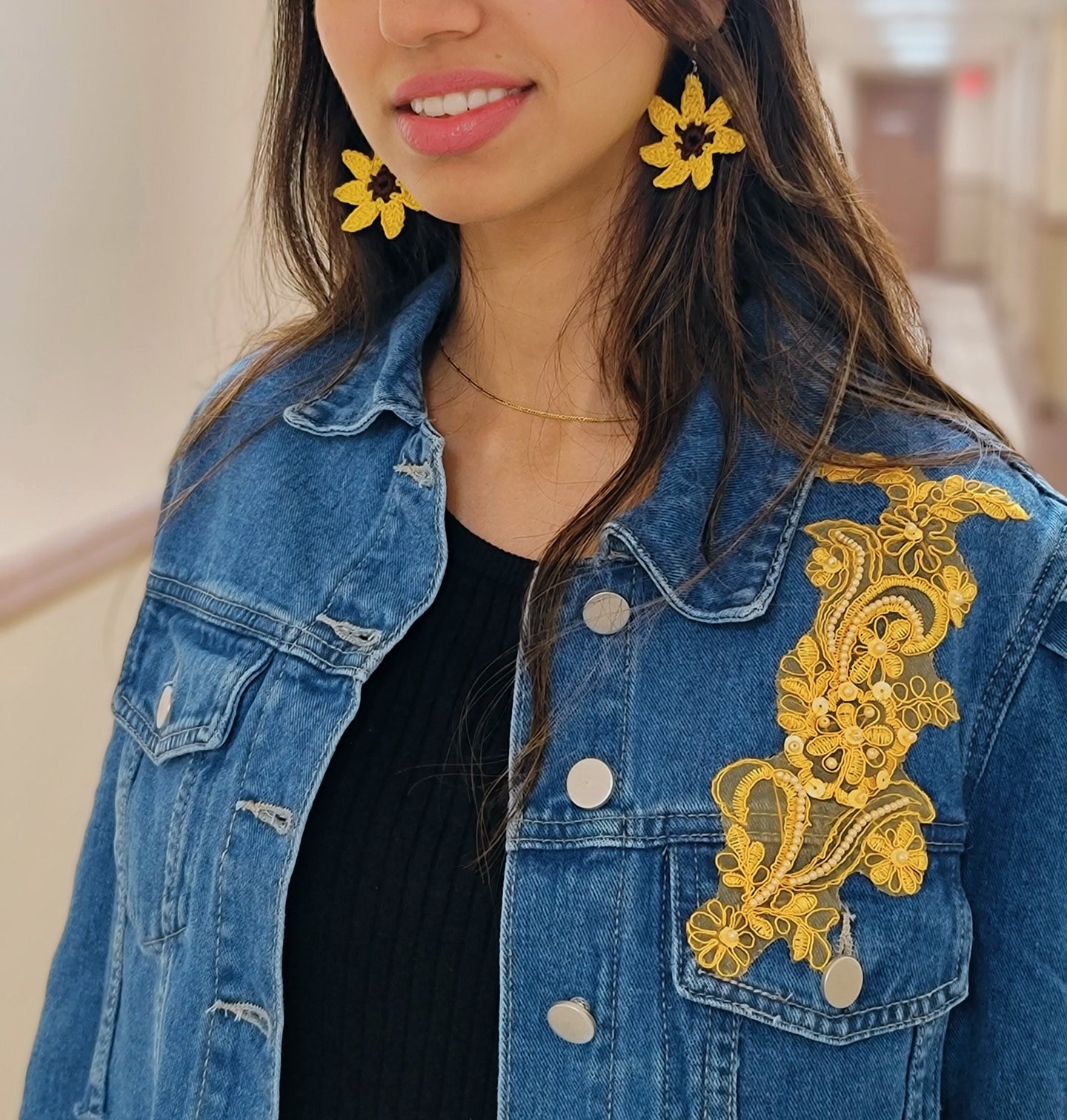 Pearl-Embellished Floral Mustard Denim Jacket