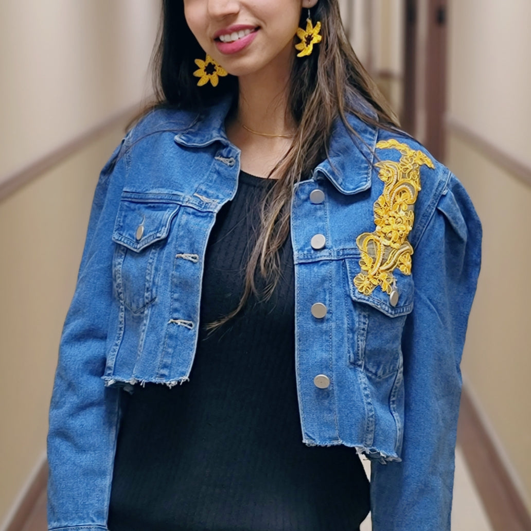 Pearl-Embellished Floral Mustard Denim Jacket