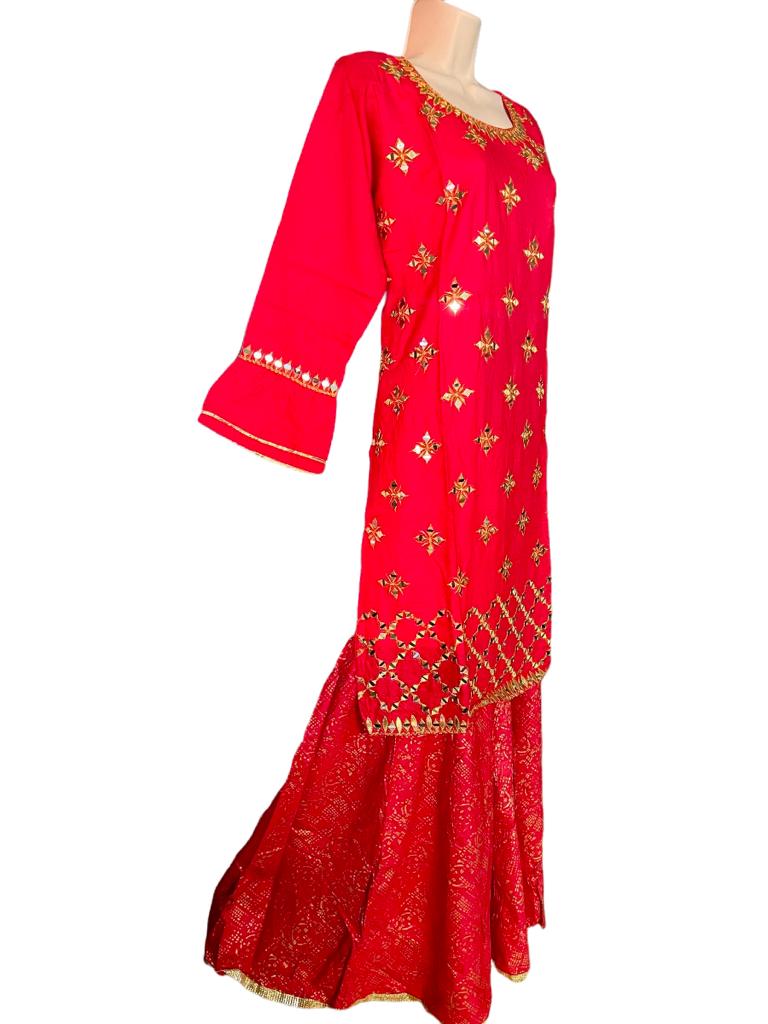 Red Mirror-worked Gharara Kurti Set