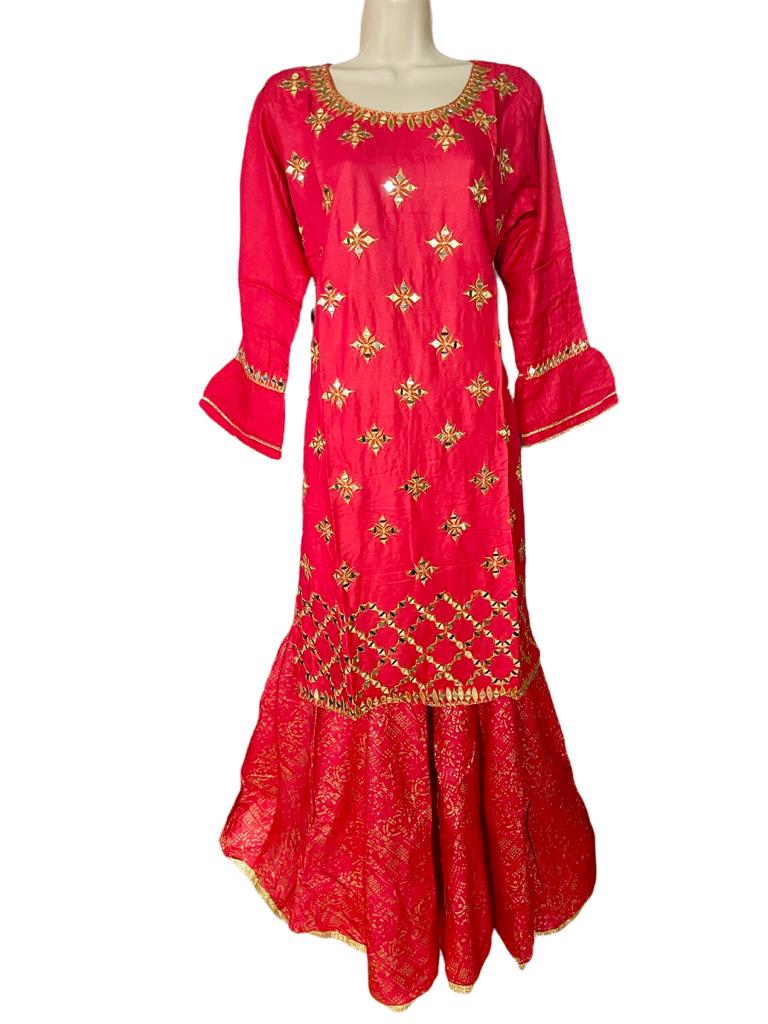 Red Mirror-worked Gharara Kurti Set