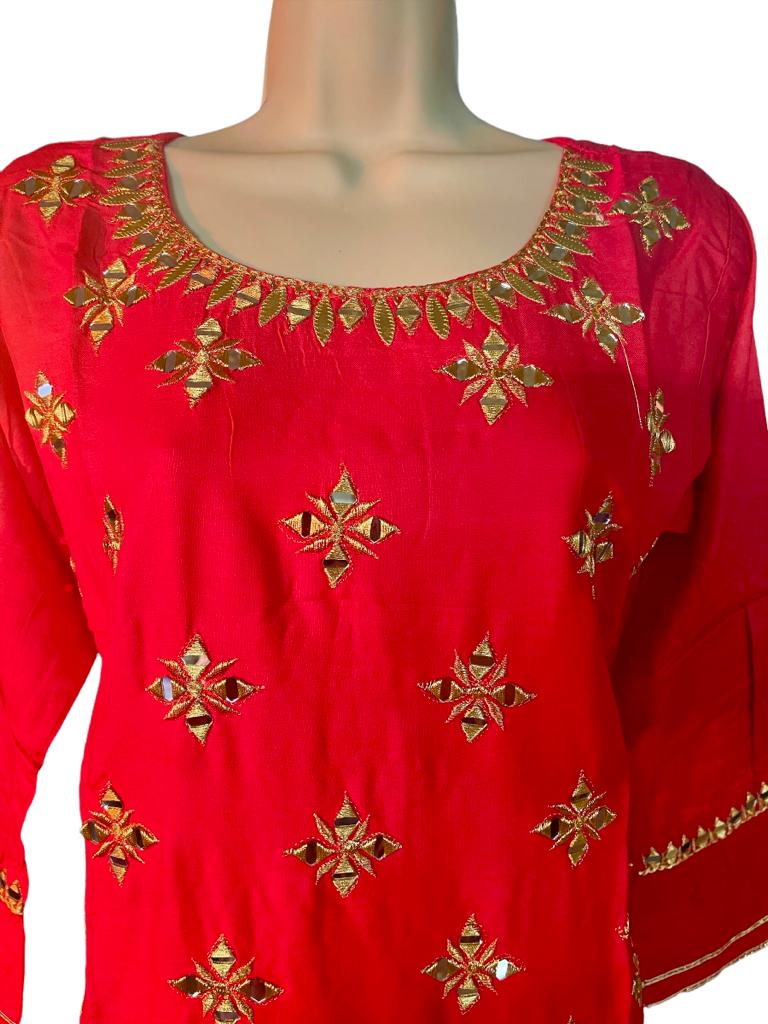 Red Mirror-worked Gharara Kurti Set