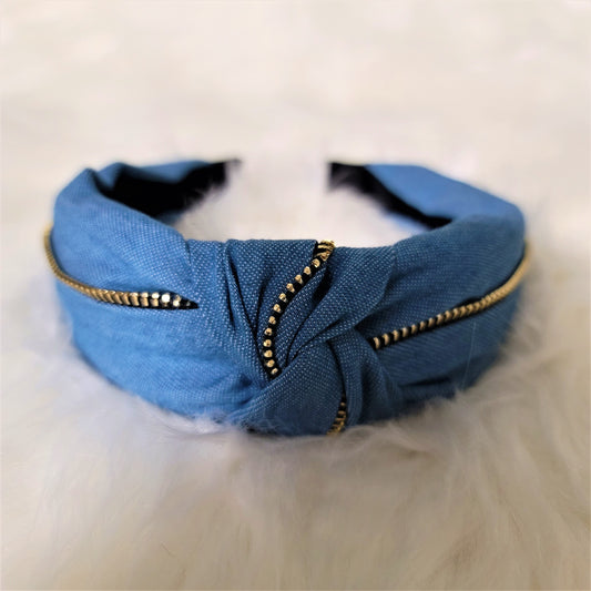 Denim Light Blue Bowknot Zip Detail Headband