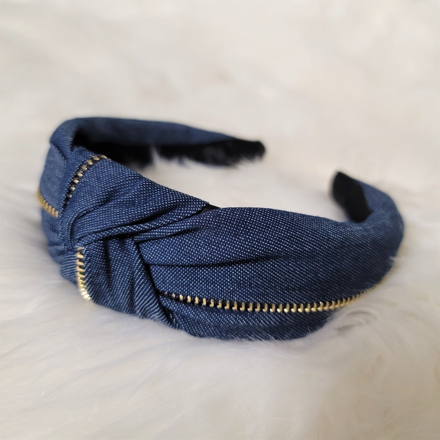 Denim Navy Bowknot Zip Detail Headband