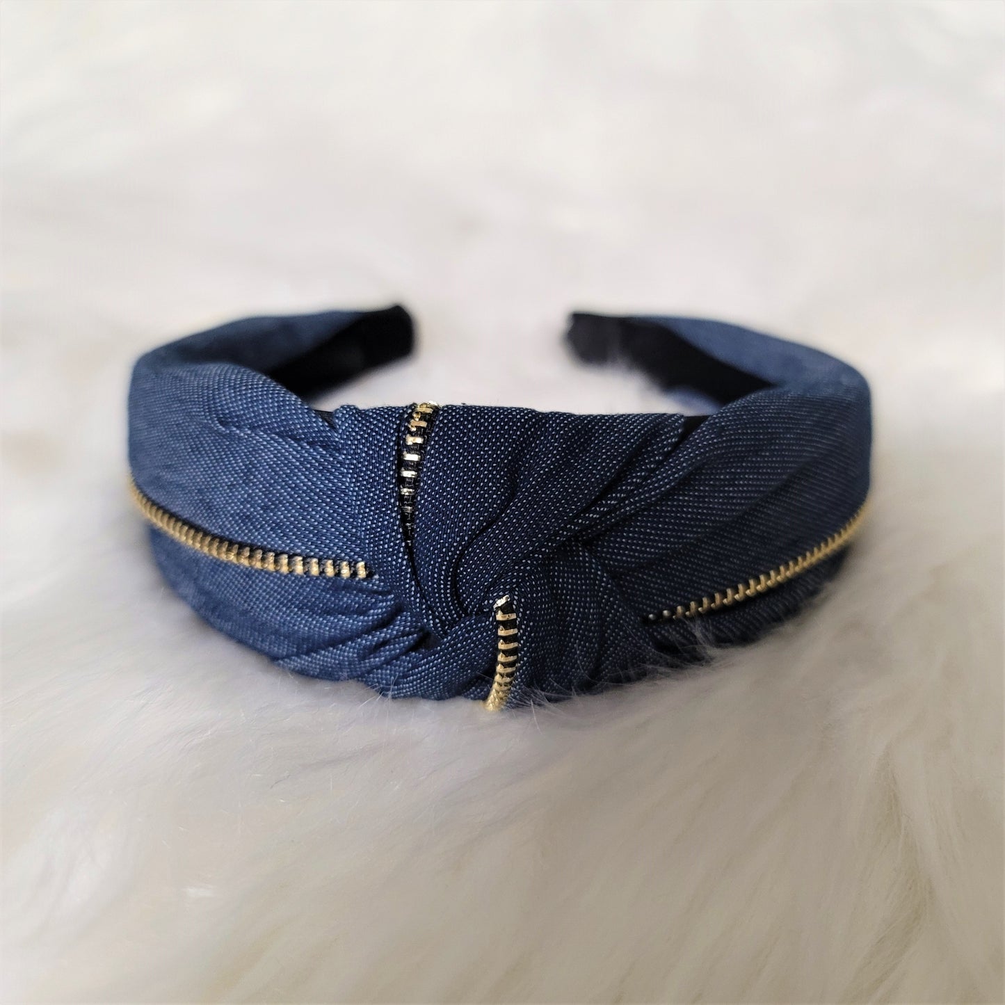 Denim Navy Bowknot Zip Detail Headband