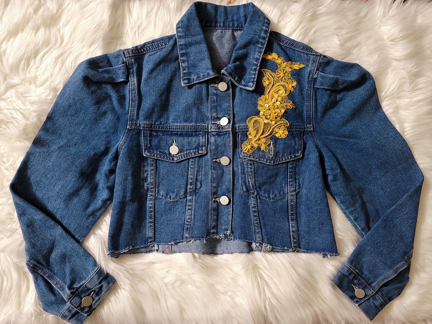 Pearl-Embellished Floral Mustard Denim Jacket