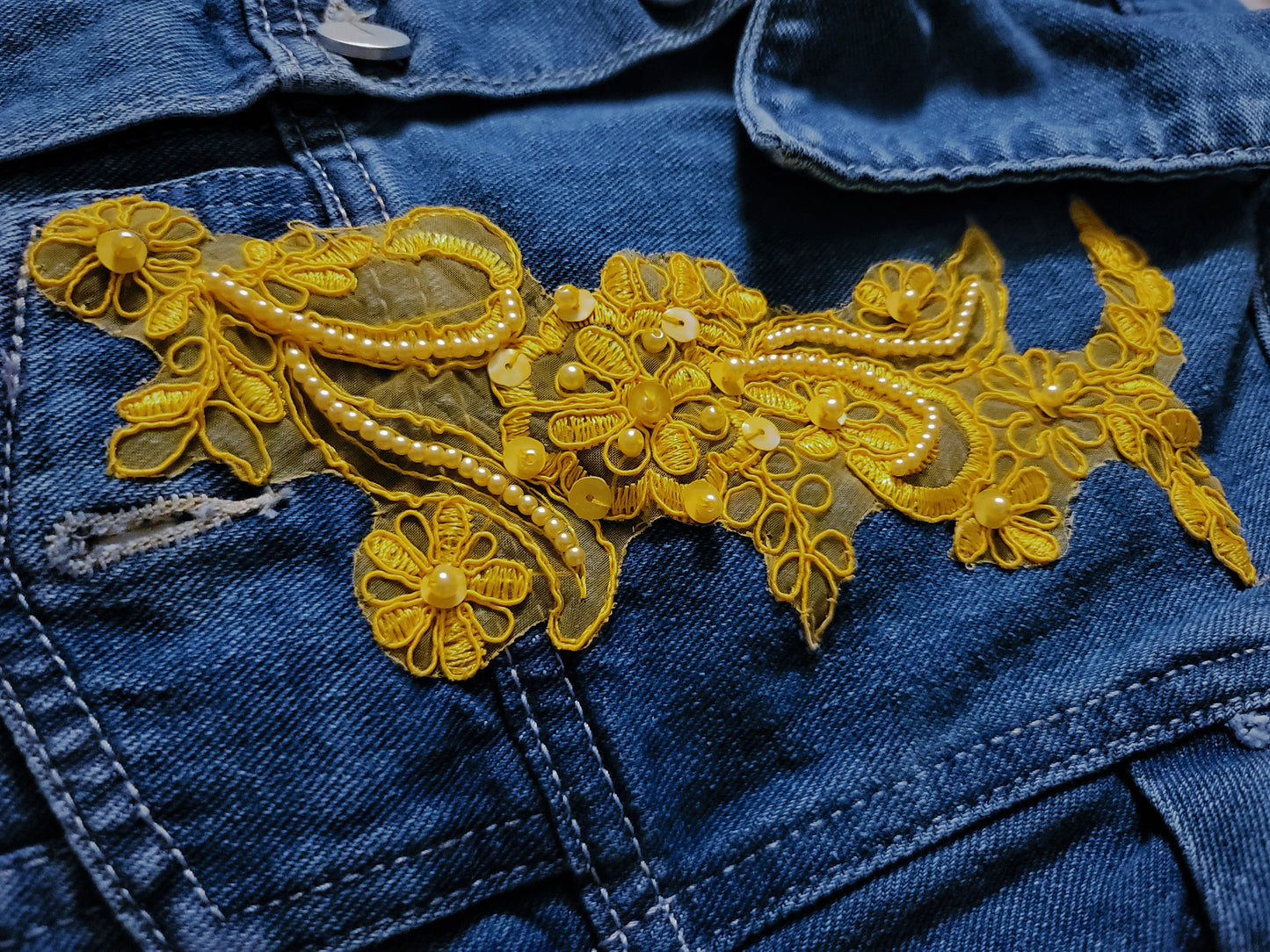 Pearl-Embellished Floral Mustard Denim Jacket